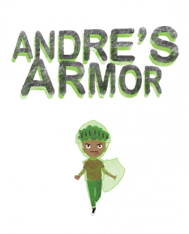 Cover of the book Andre's Armor, showing the title and an illustration of a boy with black hair and brown skin wearing a clear green suit of armor over his clothes